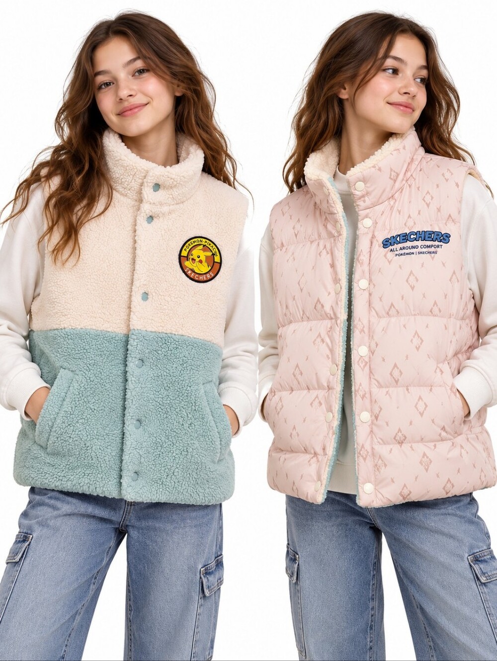 Skechers x Pokemon Kids Pikachu Reversible Sherpa Down Vest XL  Cream Green